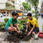 firefly gemini flash crie uma imagem de dois adolescentes plantaod uma muda de planta os adolescentes tem 993273
